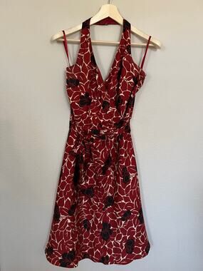 Vintage Ann Taylor Dress Red Floral Silk Halter Belted Cocktail Midi Sz 8